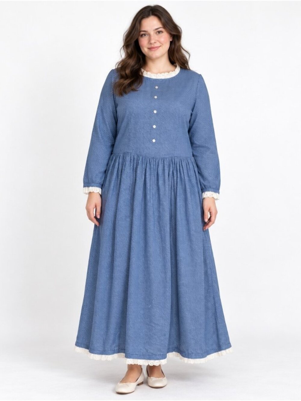 Vintage Handmade Dress Women's XL Blue Lace Trim Prairie Cottagecore Long Sleeve